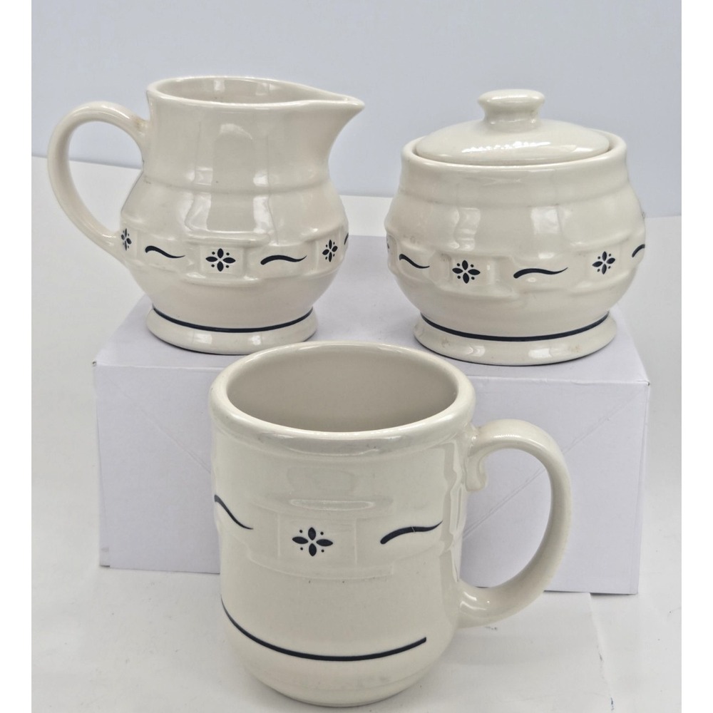Set 3 Longaberger Pottery Woven Tradition Classic Blue Cup Mug Cream Sugar Bowls
